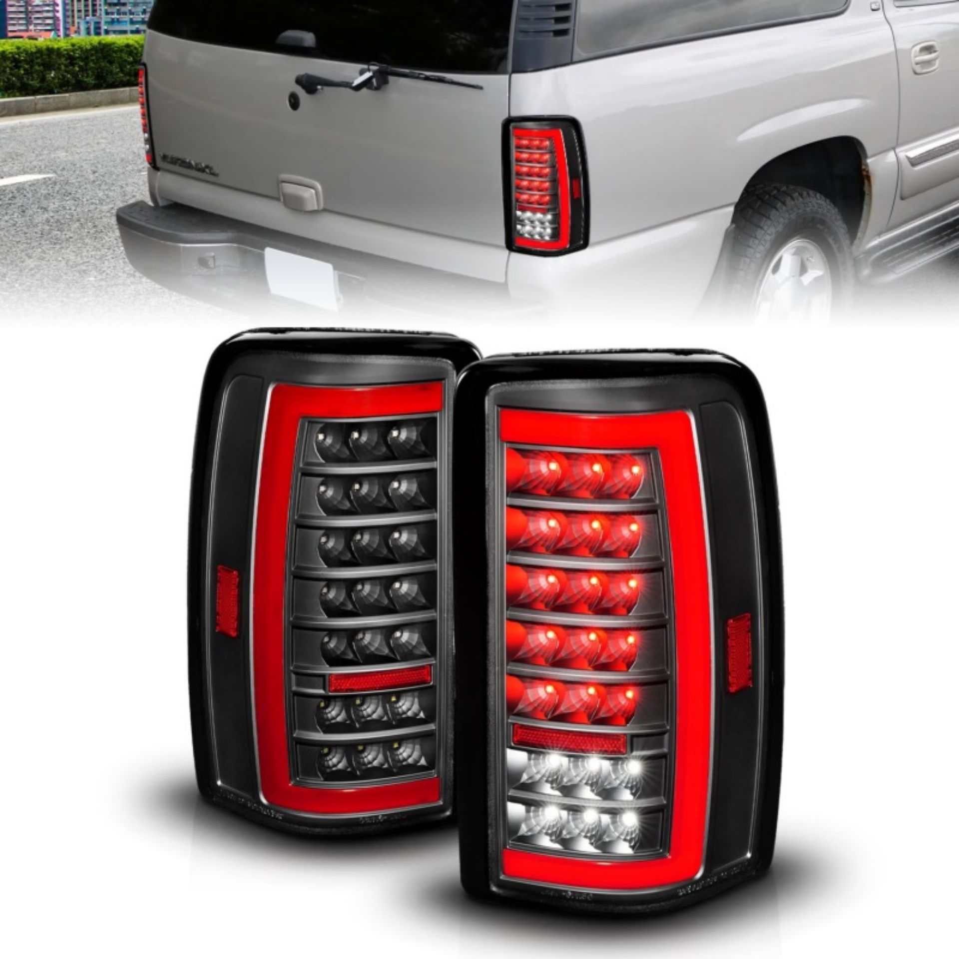 Picture of ANZO 00-06 Chevrolet Tahoe - GMC Yukon Full LED Taillights w- Lightbar Black Housing-Clear Lens