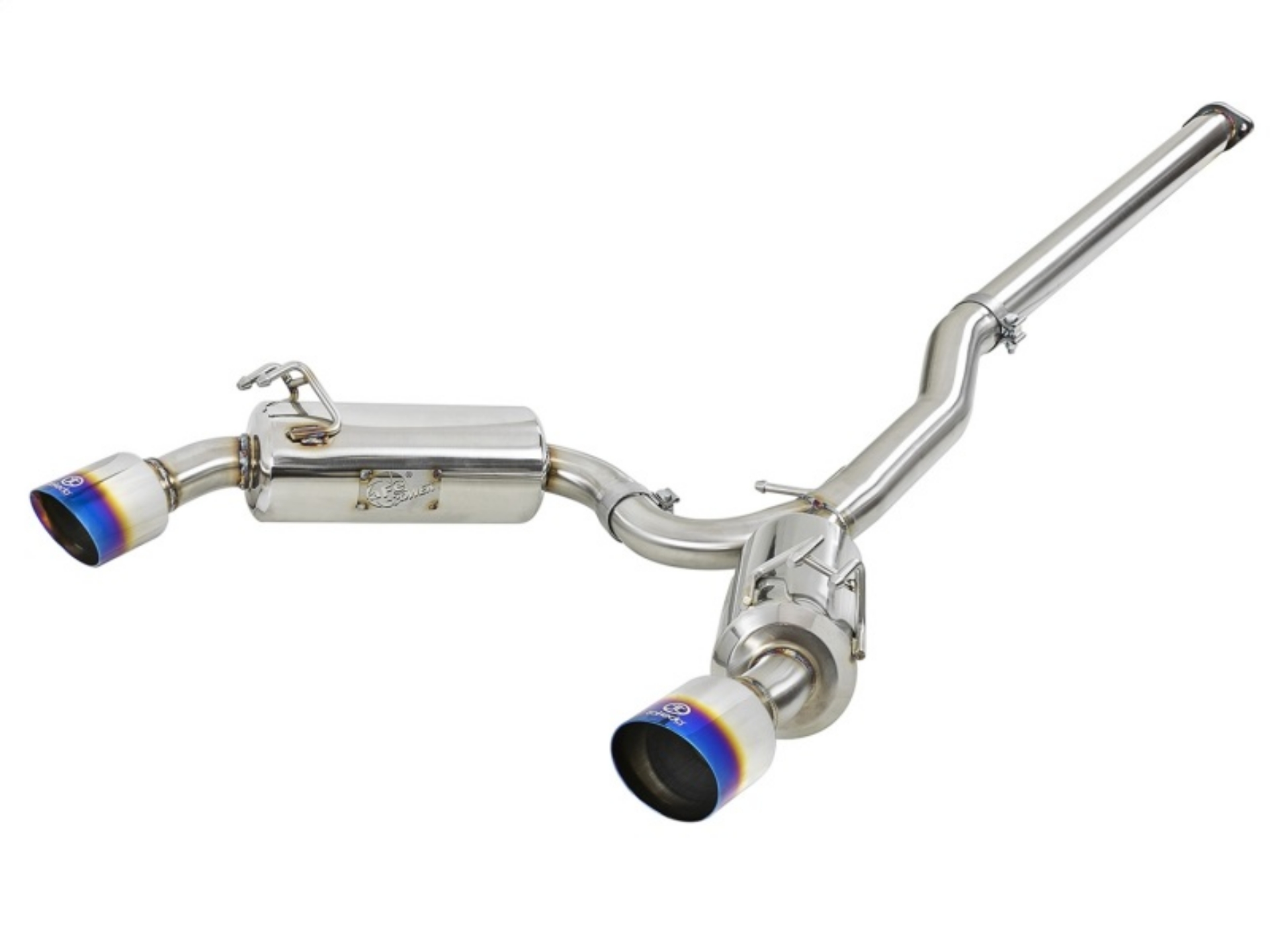 Picture of aFe Takeda 3in- to 2-5in- 304 SS C-B Exhaust 08-15 Mitsubishi EVO I4-2-0L t - Blue Flamed Tips