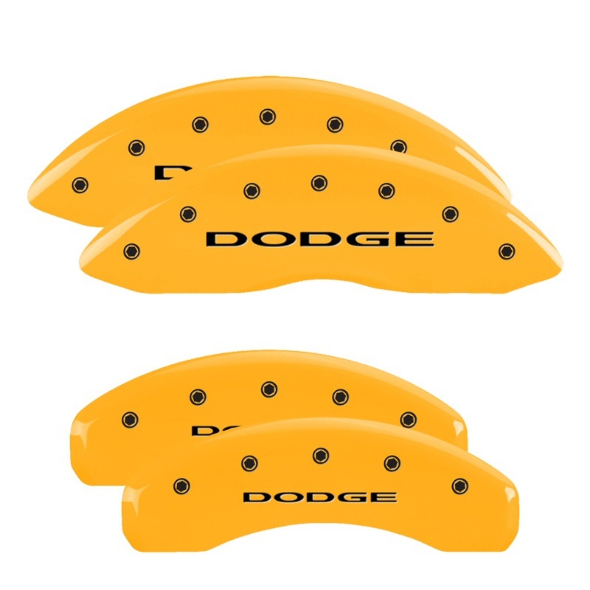 Picture of MGP 4 Caliper Covers Engraved Front & Rear 11-18 Dodge Durango Yellow Finish Black Dodge Logo