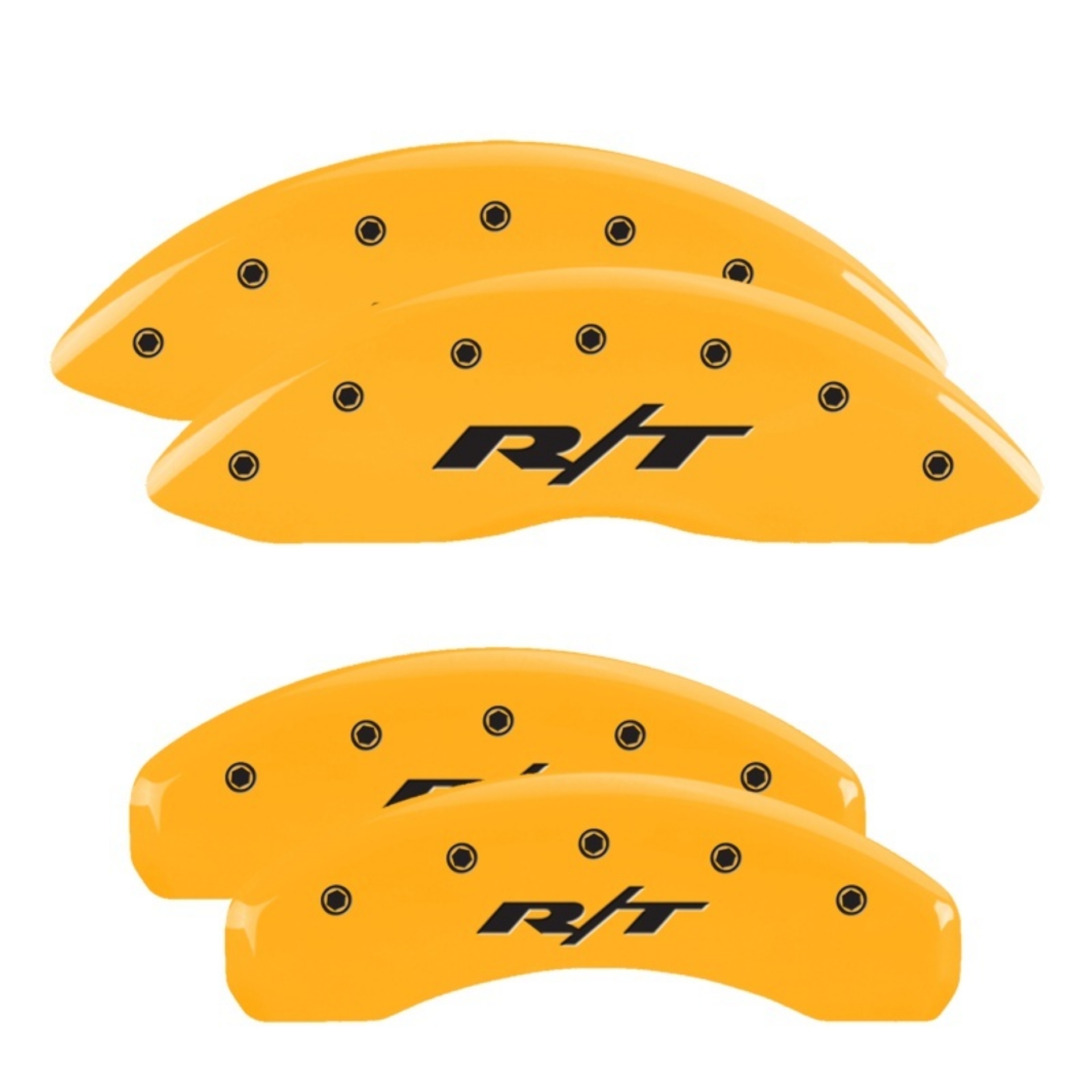 Picture of MGP 4 Caliper Covers Engraved Front & Rear 11-18 Dodge Durango Yellow Finish Black RT1-Truck Logo