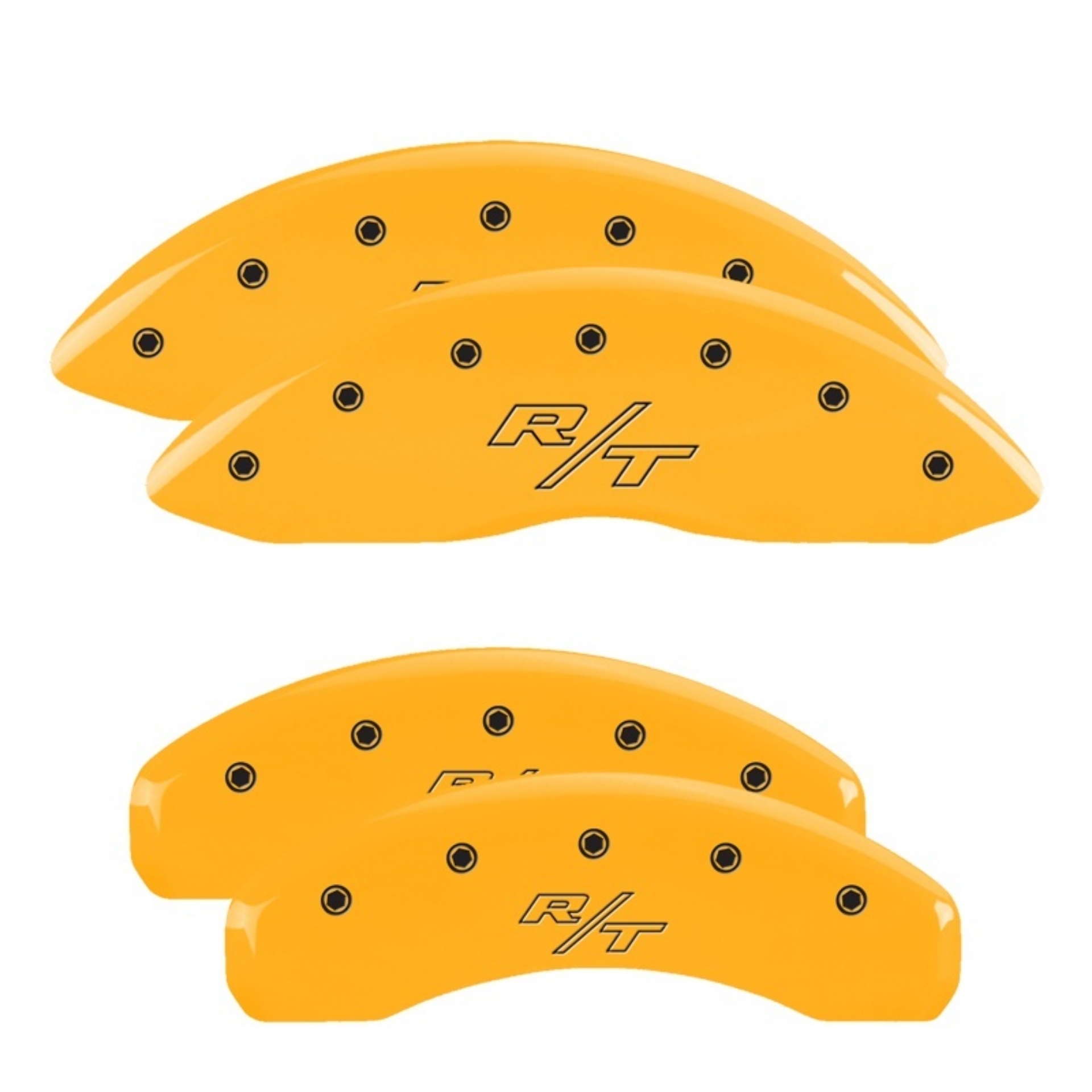 Picture of MGP 4 Caliper Covers Engraved Front & Rear 11-18 Dodge Durango Yellow Finish Black R-T Vintage Logo