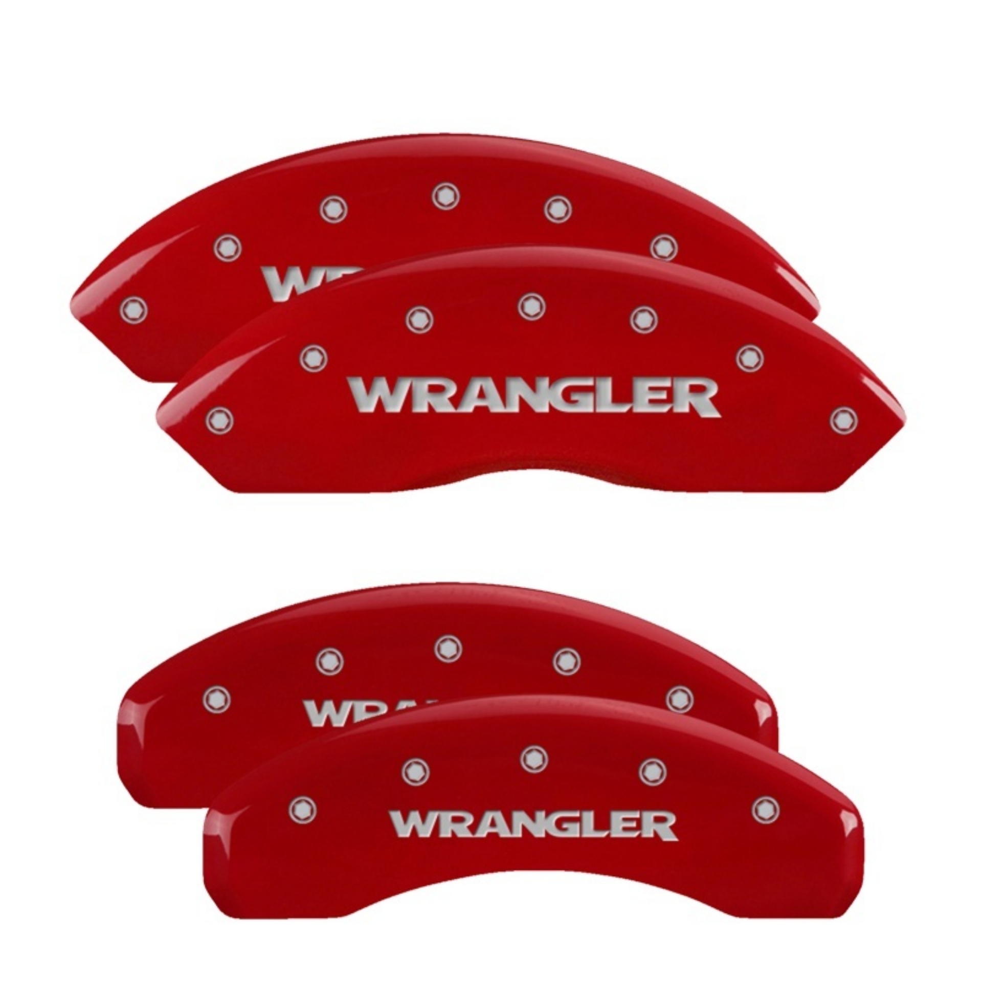 Picture of MGP 4 Caliper Covers Engraved Front & Rear 2018 Jeep Wrangler Red Finish Silver Wrangler Logo