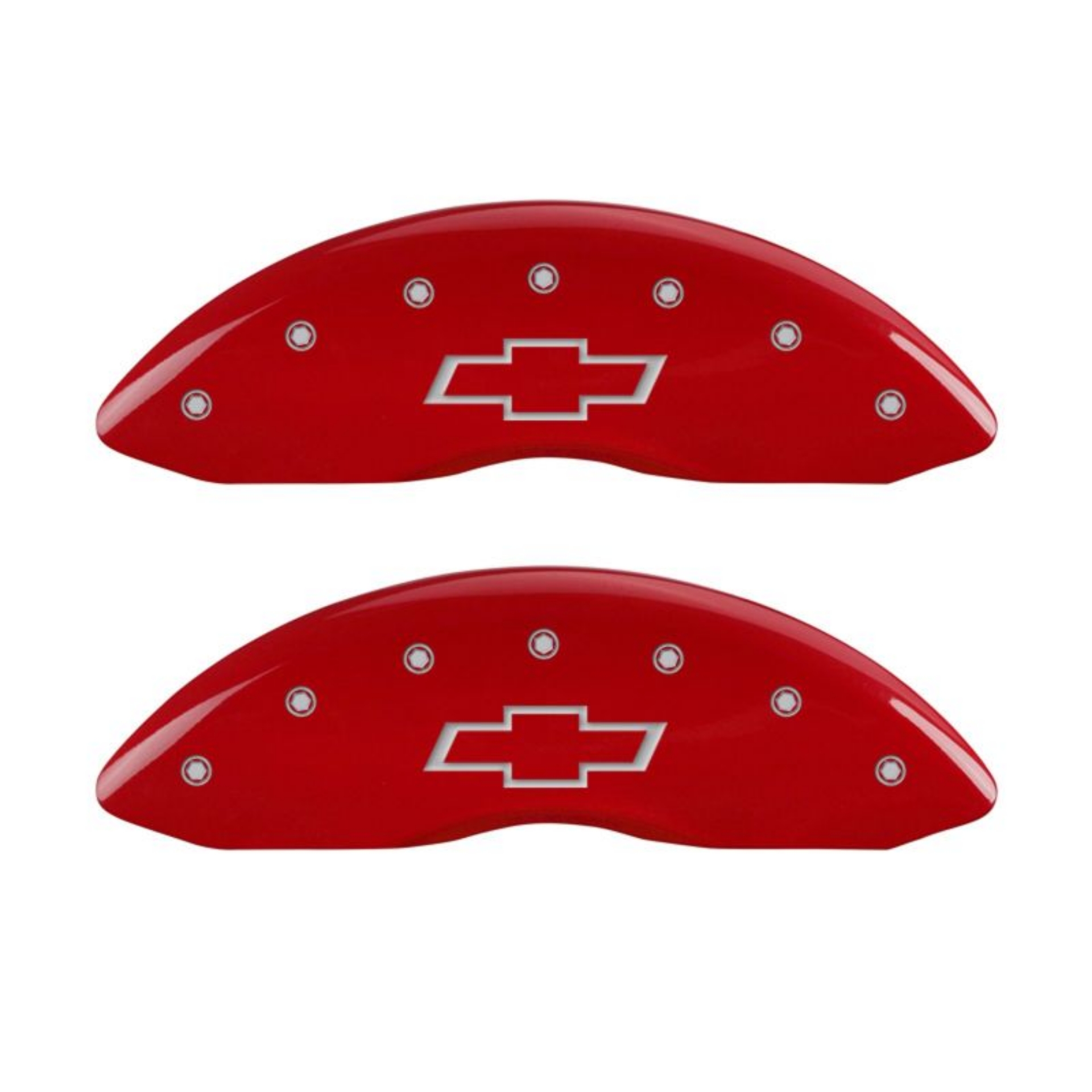 Picture of MGP 4 Caliper Covers Engraved Front & Rear Bowtie Red Finish Silver Char 2014 Chevrolet Express 2500