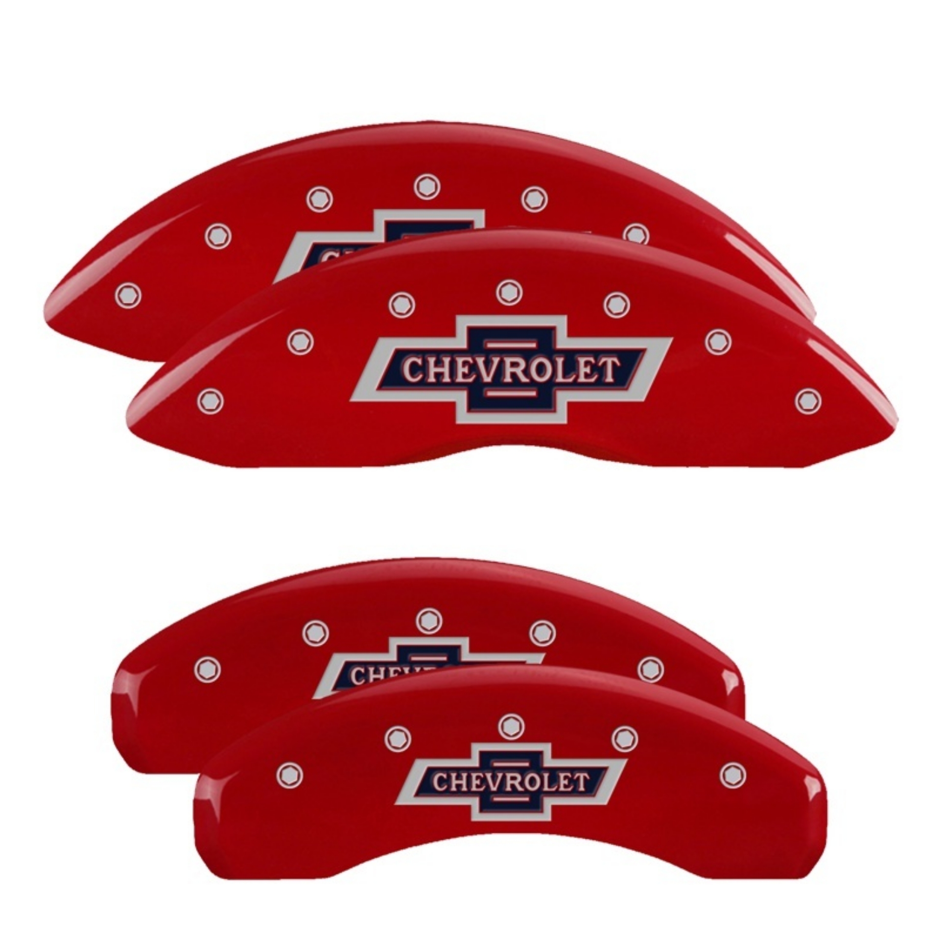 Picture of MGP 4 Caliper Covers Engraved F & R 100 Anniversary Red Finish Silver Char 2019 Chevy Silverado 1500