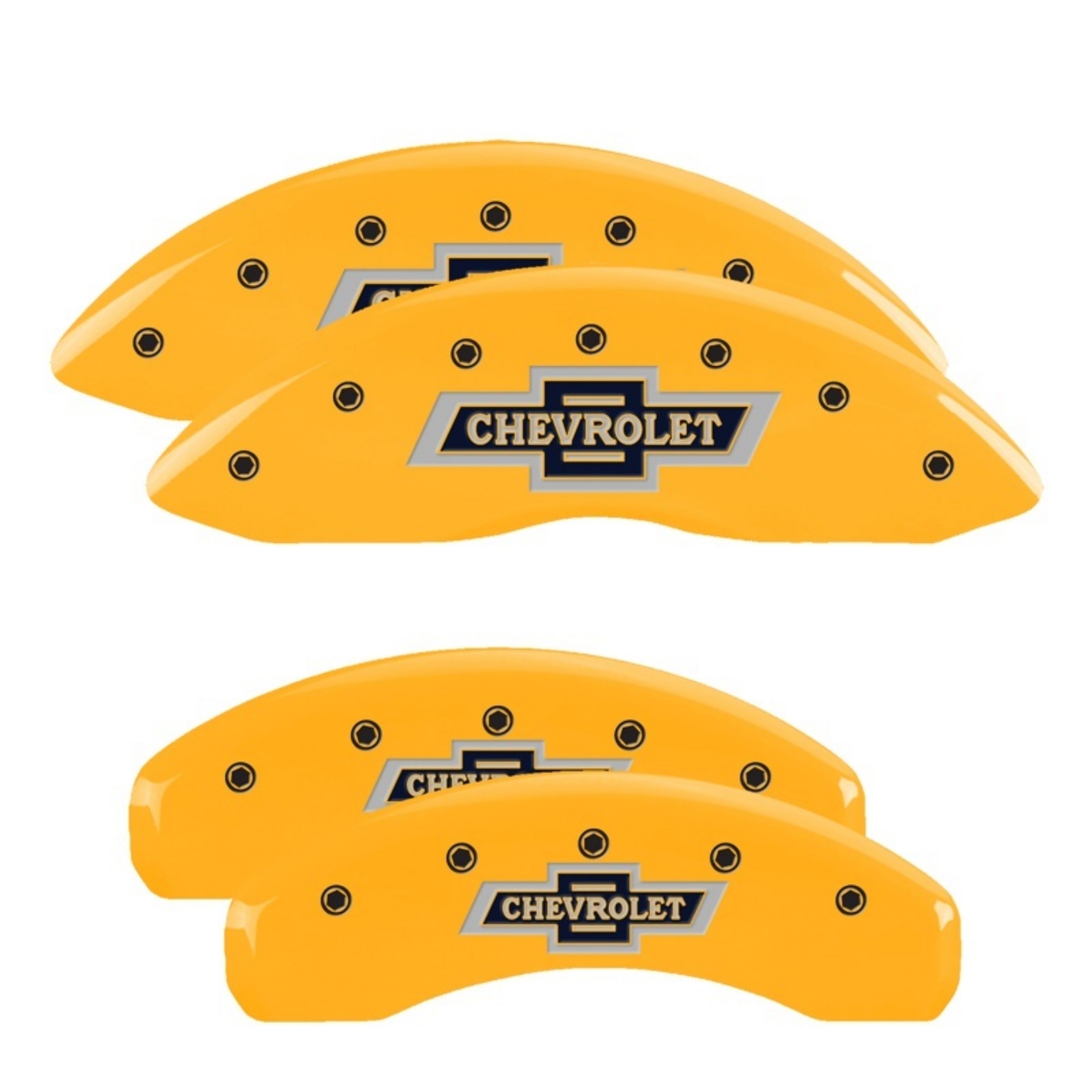 Picture of MGP 4 Caliper Covers Engraved F & R 100th Anniv Yellow Finish Black Char 2019 Chevy Silverado 1500