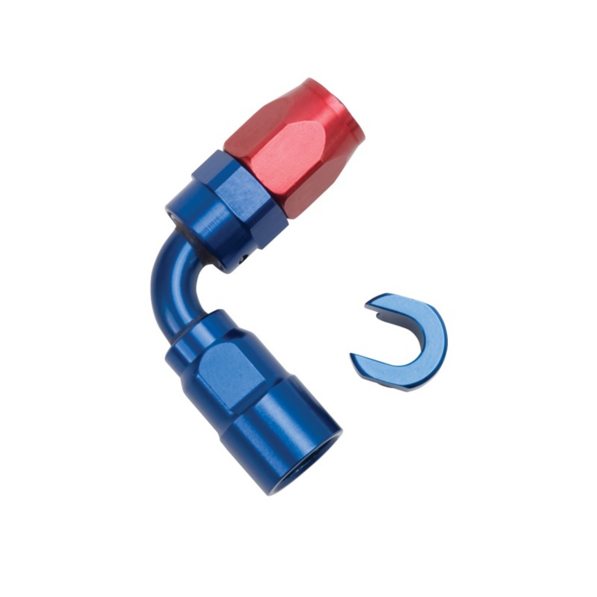 Picture of Russell Performance 5-16in SAE Quick Disc Female to -6 Hose Red-Blue 90 Degree Hose End