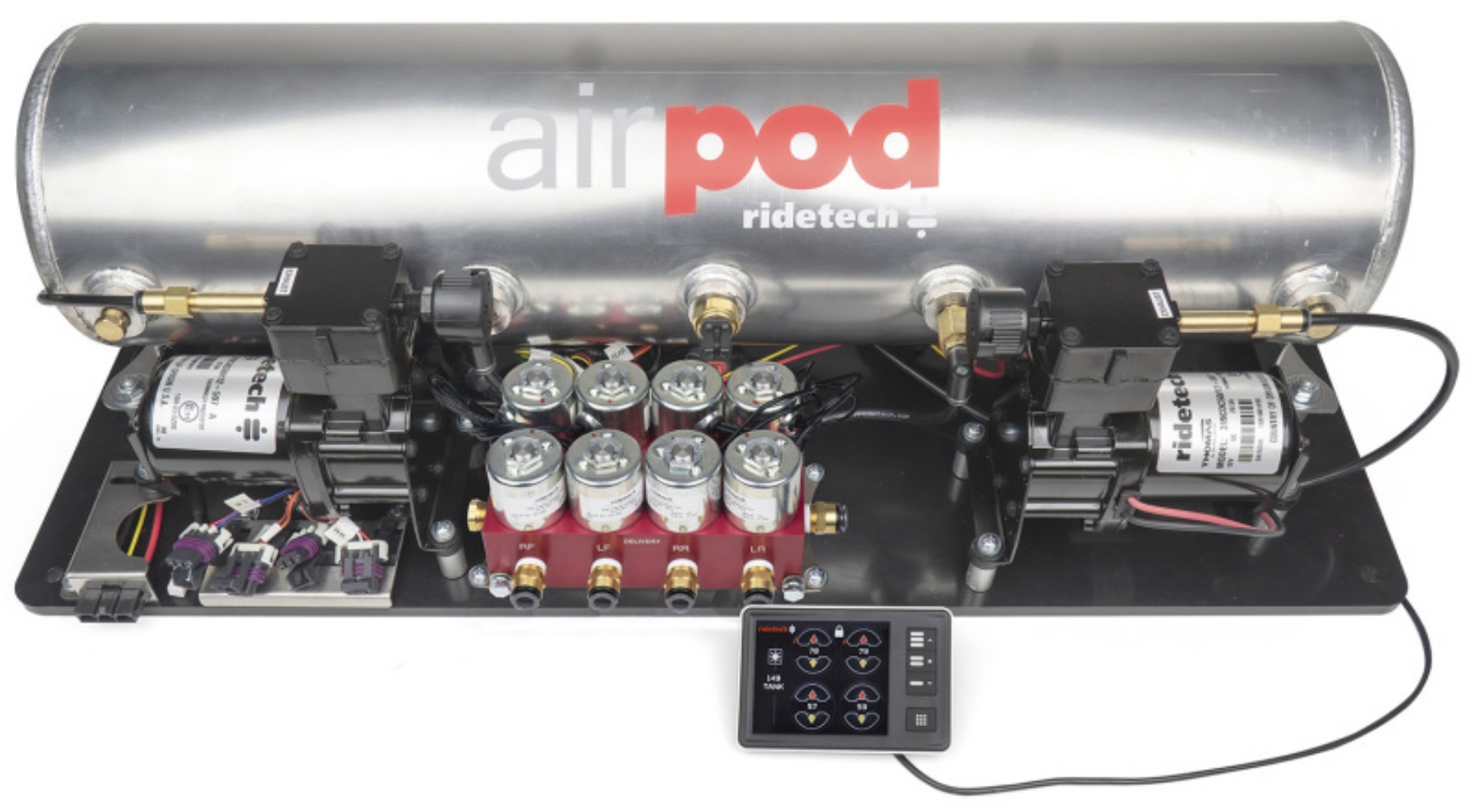 Picture of Ridetech RidePro E5 Air Ride Control System 5Gal Dual Compressor AirPod Hi-Flow Big Red 3-8in Valves