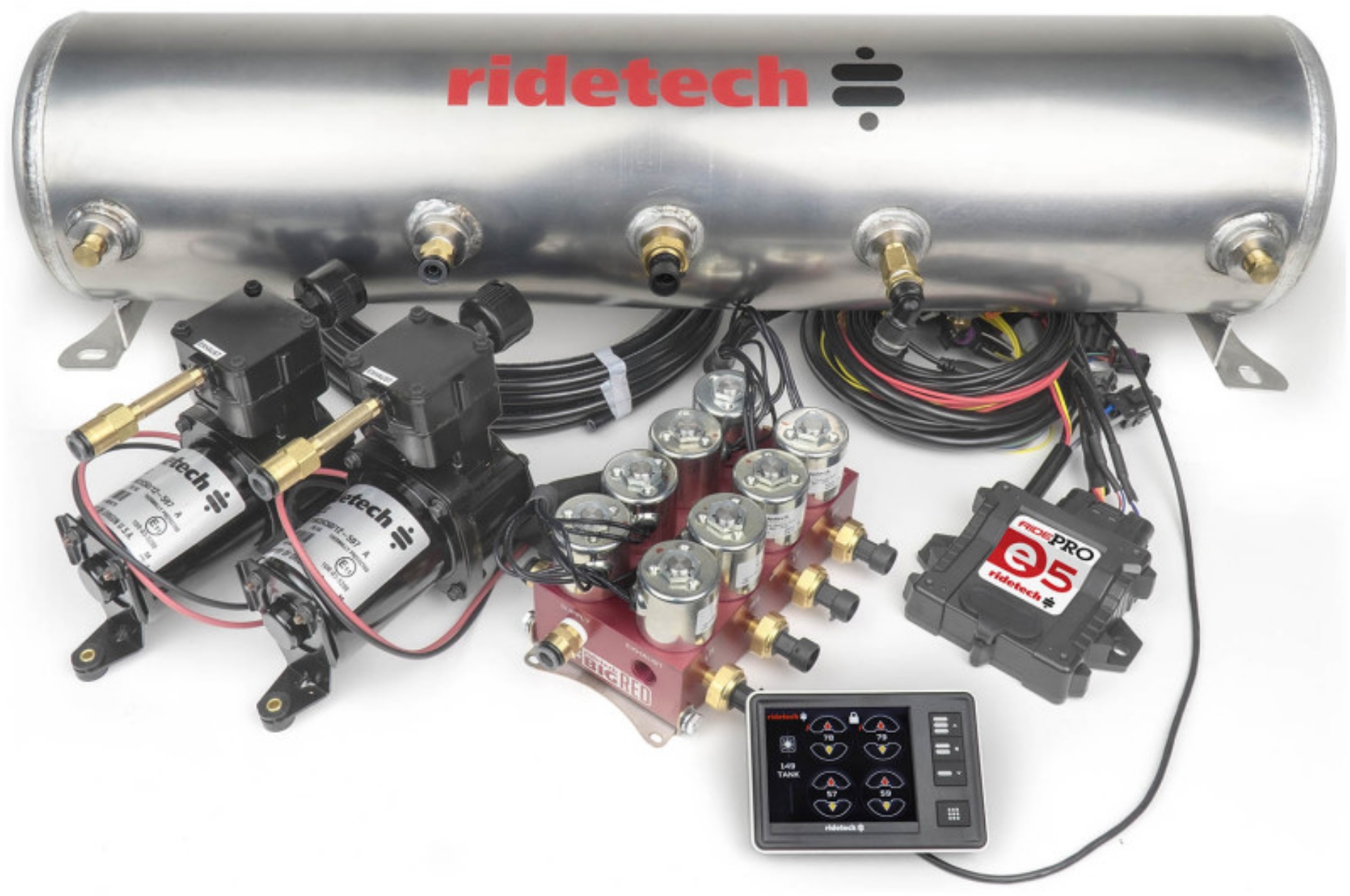 Picture of Ridetech RidePro E5 Air Ride Control System 5 Gal Dual Compressor High Flow Big Red 3-8in Valves