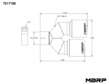 Picture of MBRP Burnt End Tip 2-5 ID, Dual 3-5 OD Out, 9-5 length, Single wall 304 Stainless Steel