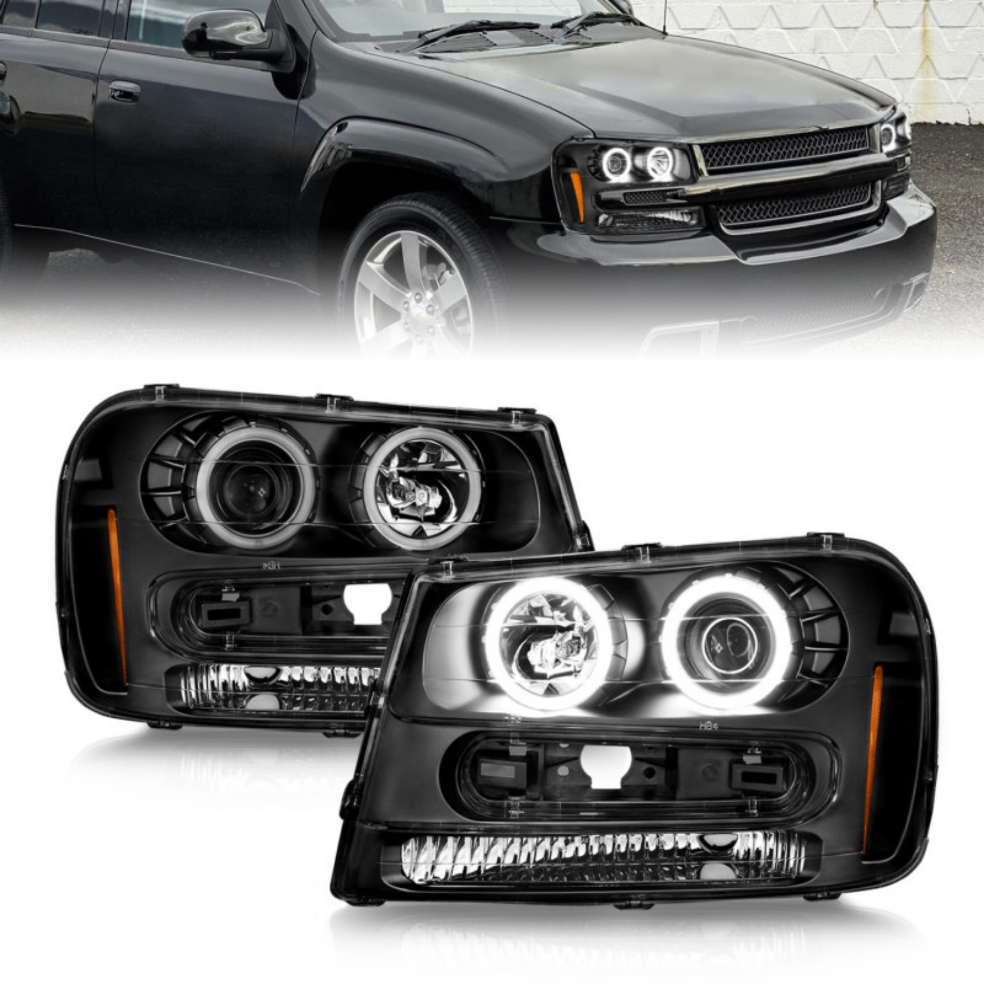 Picture of ANZO 02-09 Chevrolet Trailblazer Will Not Fit 06-09 LT Projector Headlights w-Halo Black Housing