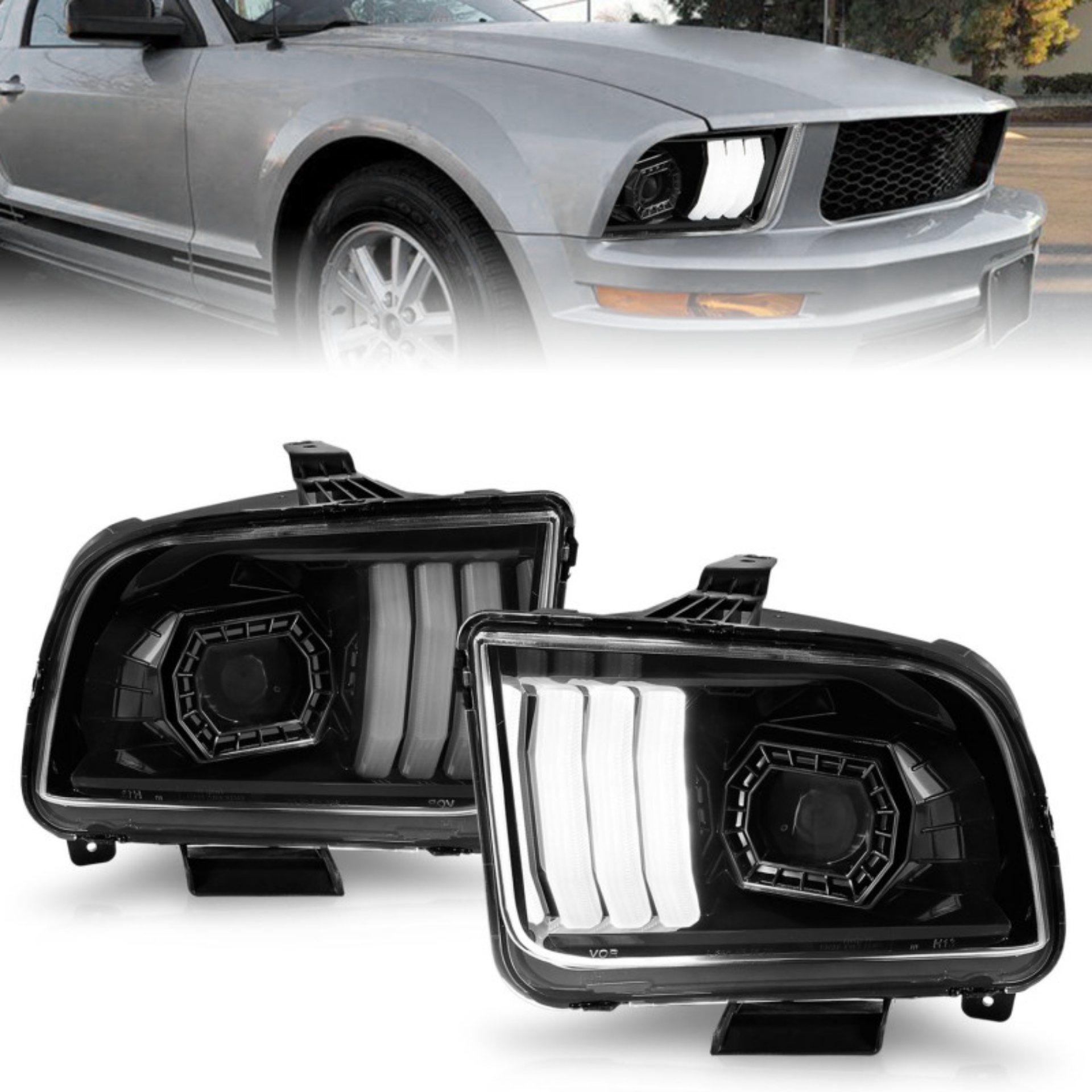 Picture of ANZO 05-09 Ford Mustang w-Factory Halogen HL Only Projector Headlights w-Light Bar Black Housing