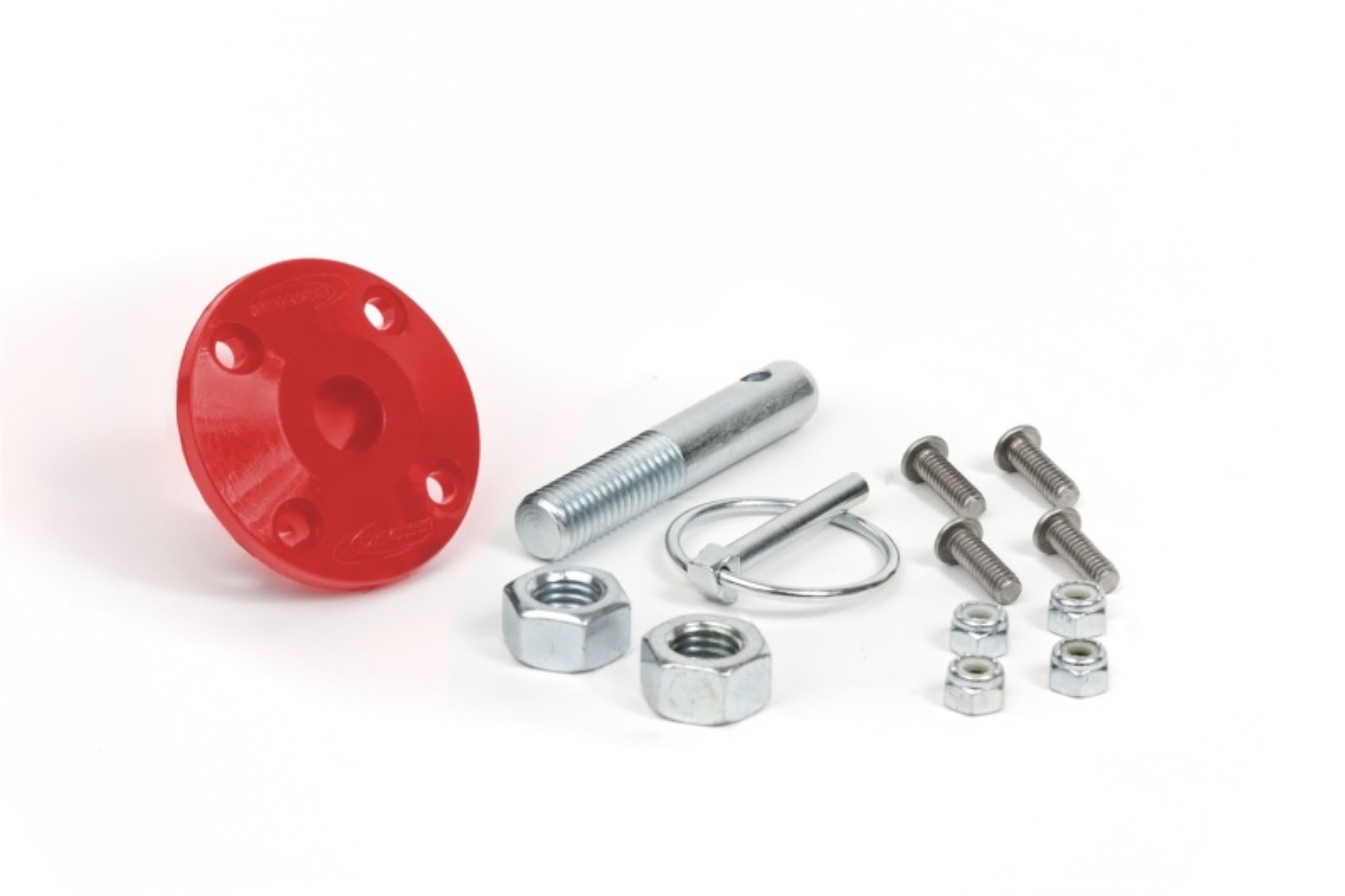 Picture of Daystar Hood Pin Kit Red Single Includes Polyurethane Isolator Pin Spring Clip and Related Hardware